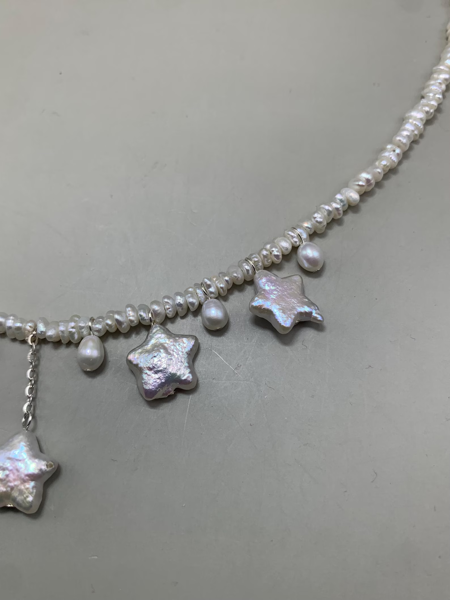 Star-themed freshwater baroque pearl necklace, designed with three different Pearl,sterling silver
