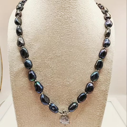 Natural Tahitian Baroque Black And Green Pearl Necklace, Featuring Large Grain Tahitian Baroque Pearls Paired With 925 Silver. It Is The Fashionable Choice For Gifting And Can Be Worn For Thanksgiving Or Christmas. Good Choice For Women's Gift