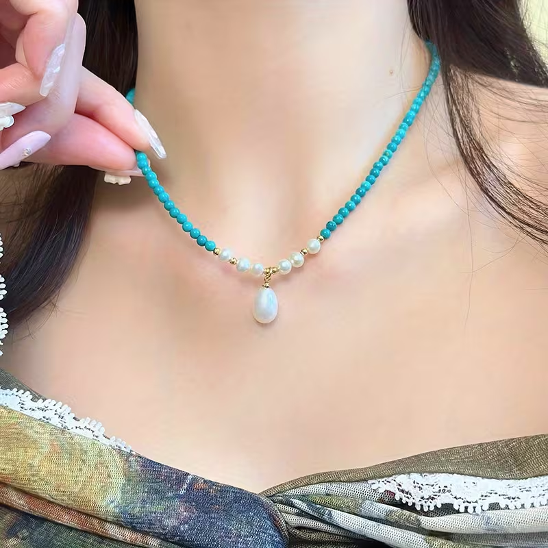 New Retro Turquoise with Freshwater Pearl Necklace