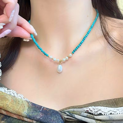 New Retro Turquoise with Freshwater Pearl Necklace
