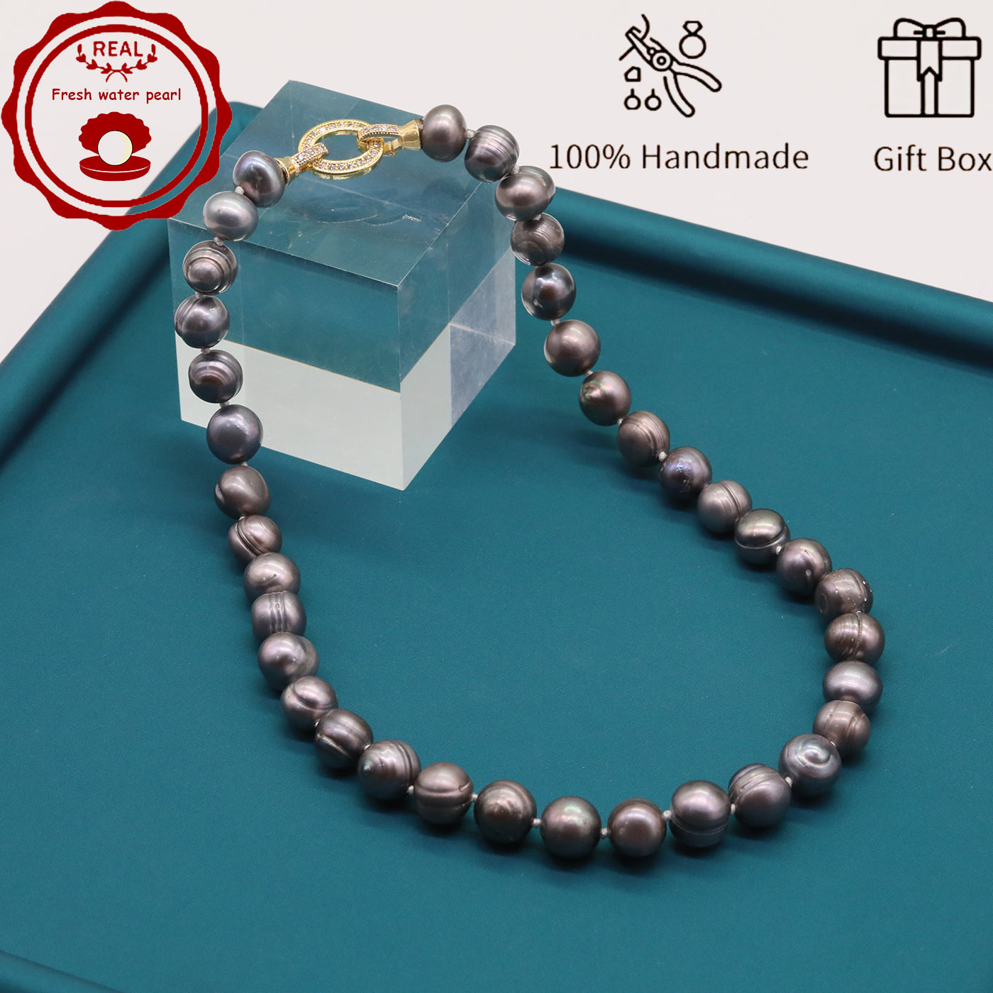 100% handmade authentic 10-11mm grey natural Freshwater Pearl necklace Elegant 17.7inch long men's and women's luxury freshwater pearl necklace with gift box, perfect for everyday and birthday parties, ideal forValentine's Day[XL-2411Sliver-002]