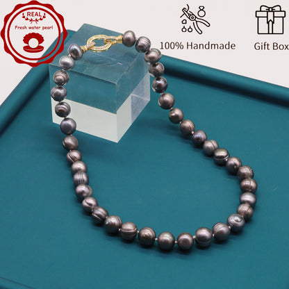 100% handmade authentic 10-11mm grey natural Freshwater Pearl necklace Elegant 17.7inch long men's and women's luxury freshwater pearl necklace with gift box, perfect for everyday and birthday parties, ideal forValentine's Day[XL-2411Sliver-002]