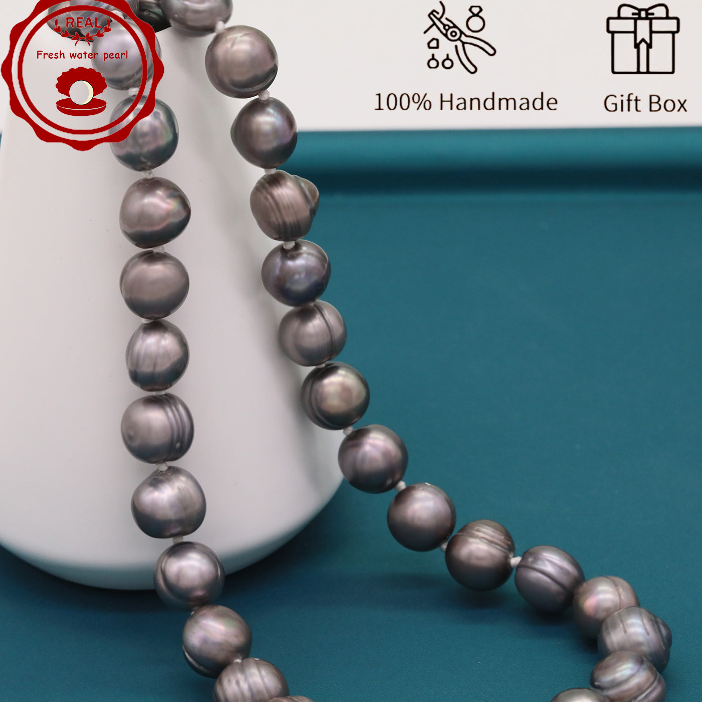 100% handmade authentic 10-11mm grey natural Freshwater Pearl necklace Elegant 17.7inch long men's and women's luxury freshwater pearl necklace with gift box, perfect for everyday and birthday parties, ideal forValentine's Day[XL-2411Sliver-002]
