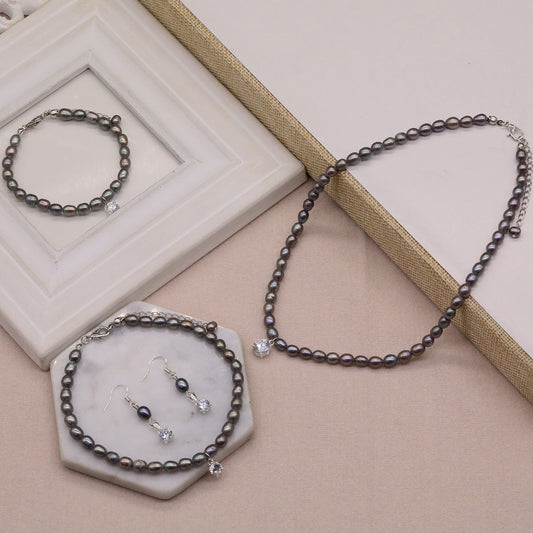 Exquisite Fresh Water Pearl with Zircon Necklace Earrings Bracelet Anklet Four piece Set  ideal for Christmas, Valentine's Day and Thanksgiving gifts, suitable for everyday, wedding and birthday[NK-XL2501-silver-01]