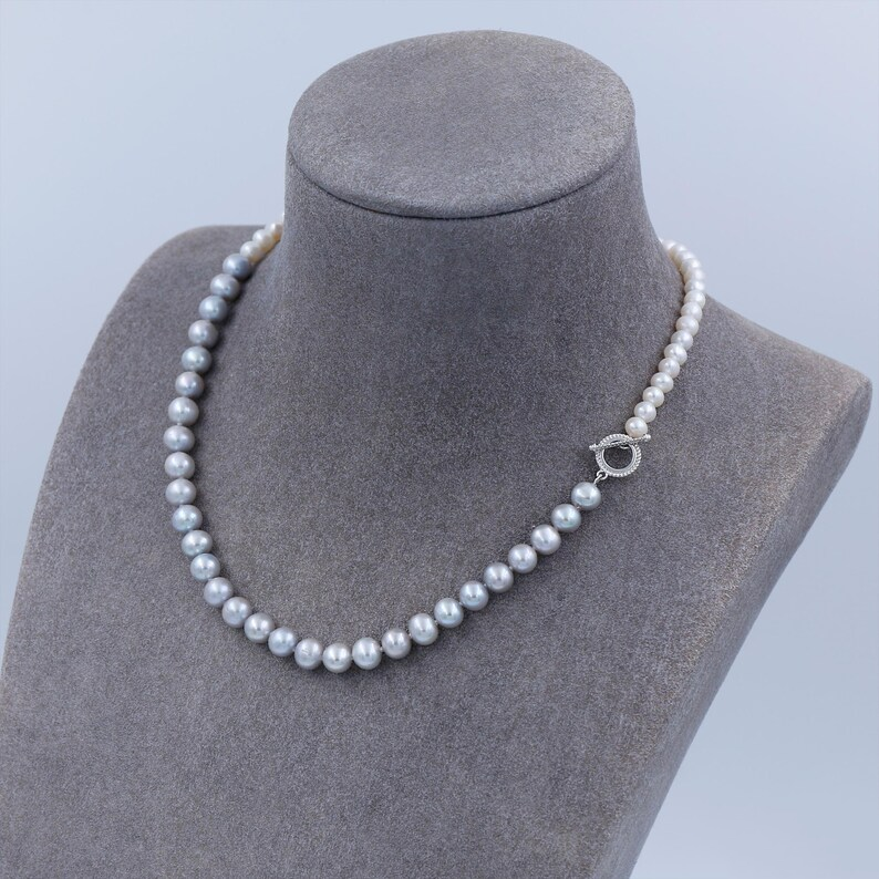 Genuine Cultured Gray & White Freshwater Pearl Necklace, 5mm And 6mm Pearls Beaded Necklace, Hand Knotted Pearl Necklace, 925 Silver Clasp