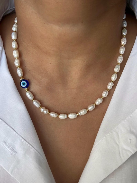 Freshwater Pearl Beaded Necklace: Evil Eye Protection, Gold Accents