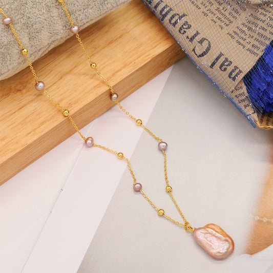 1 stylish and exquisite geometric Baroque freshwater pearl pendant necklace, women's freshwater pearl pendant necklace, Valentine's Day gift for girlfriends, banquet and wedding accessories【XL-2502Golden-02】