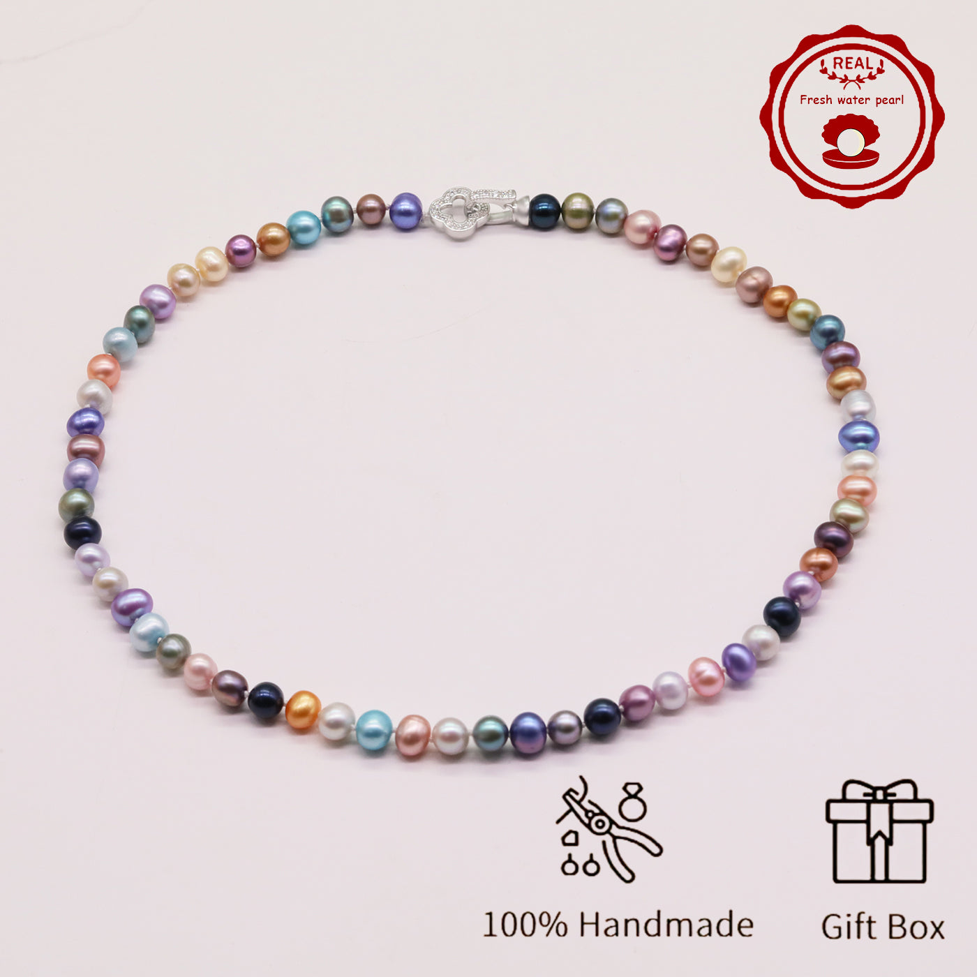 Natural Multicolor Freshwater Pearl Necklace Handmade 18.1Inch Length 7-8Mm Natural Freshwater Pearl Necklace with Flower Clasp Genuine  Freshwater Pearl Necklace Comes with Gift Box 【NK-XL2501Colour-01】