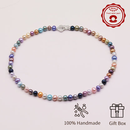 Natural Multicolor Freshwater Pearl Necklace Handmade 18.1Inch Length 7-8Mm Natural Freshwater Pearl Necklace with Flower Clasp Genuine  Freshwater Pearl Necklace Comes with Gift Box 【NK-XL2501Colour-01】