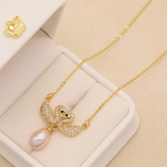 Elegant Fresh Water Pearl Double Swan Pendant Necklace Handmade 100% fresh water pearl pendant necklace with gift box, perfect for everyday, wedding and festival wear everything fresh water pearl pendant necklace【XL-2502Golden-03】