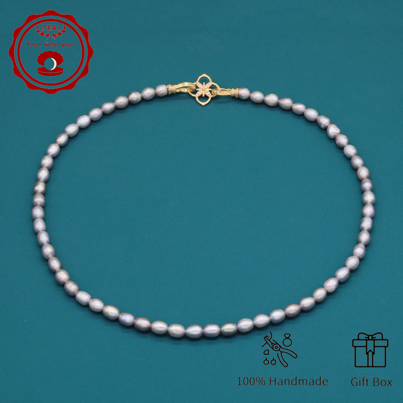 Elegant Handcrafted Gray Freshwater Pearl Necklace with Golden-Embellished Butterfly Clasp, Perfect for Daily Wear & Special Occasions, Includes Gift Box[NK-XL2501silver-02]