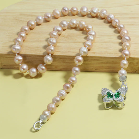Exquisite 100% handmade freshwater pearl necklace for men and women with green butterfly set with diamond buckle luxury freshwater pearl jewelry for men and women, suitable for everyday, wedding, Christmas and Valentine's Day wear【NK-XL2501Pink-02】
