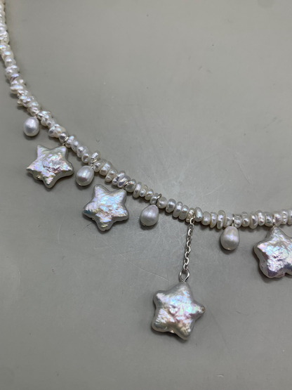 Star-themed freshwater baroque pearl necklace, designed with three different Pearl,sterling silver