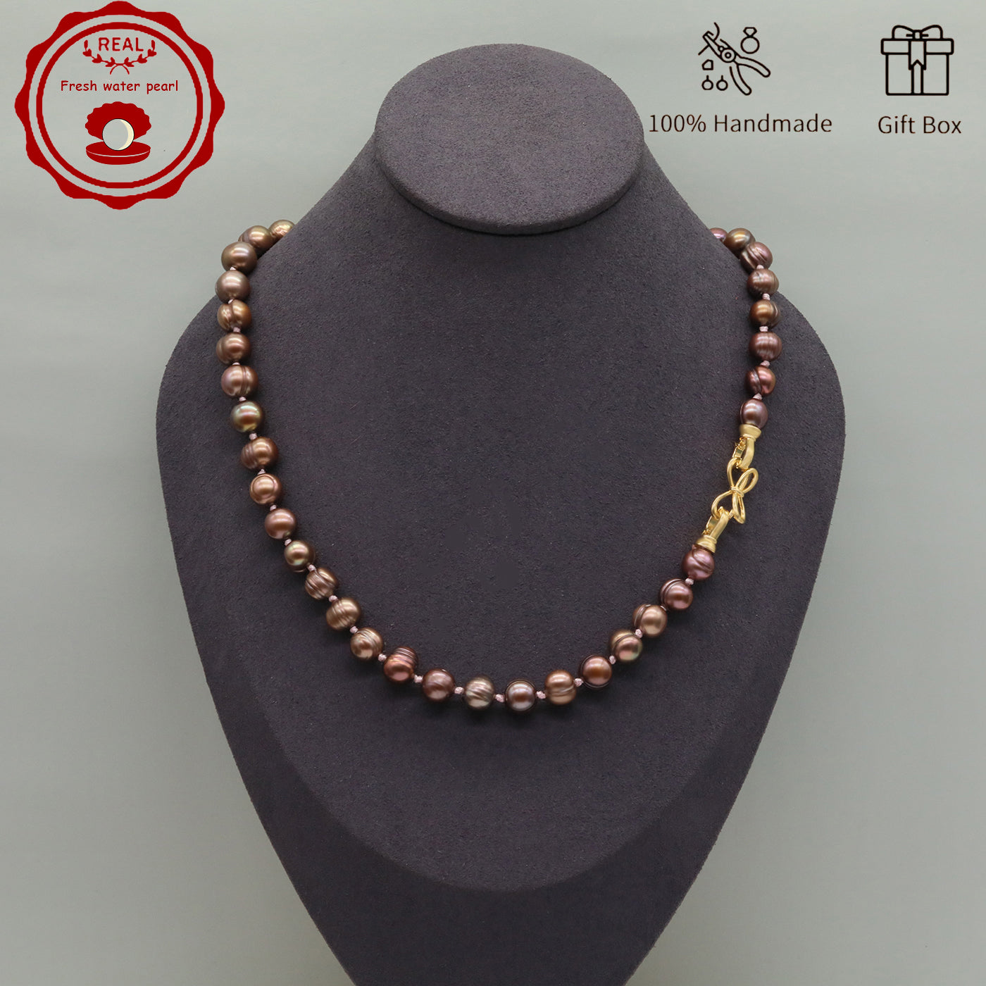 Luxury 19.5" Elegant Natural Brown Color-Freshwater Pearl Necklace, 100% Handcrafted, 10mm Pearls, with Golden Butterfly Clasp, Gift Box Included, for Daily Wear & Special Occasions, Ideal for Gifting【NK-XL2501Brown-02】
