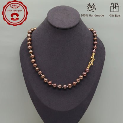 Luxury 19.5" Elegant Natural Brown Color-Freshwater Pearl Necklace, 100% Handcrafted, 10mm Pearls, with Golden Butterfly Clasp, Gift Box Included, for Daily Wear & Special Occasions, Ideal for Gifting【NK-XL2501Brown-02】