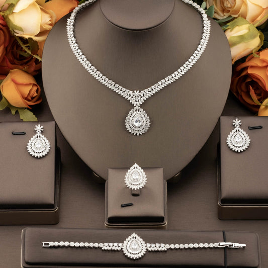 1 set of luxurious inlaid sparkling cubic zirconia flower cluster jewelry set suitable for women's wedding banquets
