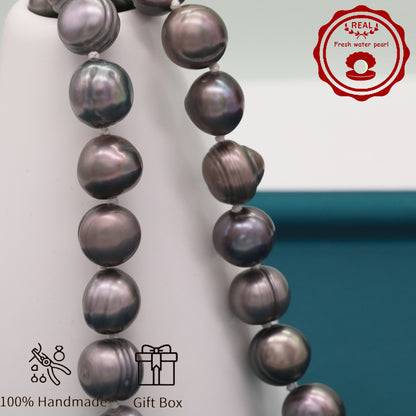 100% handmade authentic 10-11mm grey natural Freshwater Pearl necklace Elegant 17.7inch long men's and women's luxury freshwater pearl necklace with gift box, perfect for everyday and birthday parties, ideal forValentine's Day[XL-2411Sliver-002]