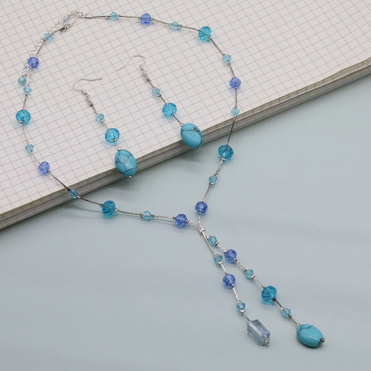 Bohemian Vintage Handcrafted Natural Stone and Crystal Bead Jewelry Set, Unique Boho Stone Necklace and Earrings, Unplated, Daily Wear & Gift, Suitable for All Seasons【NK-XL2501Blue-01】