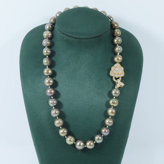 Authentic 10-11mm Brown Freshwater Pearl necklace 100% handmade 17.7inch long round freshwater Pearl necklace with diamond set gold flower buckle Valentine's Day gift【XL-2412golden-02】