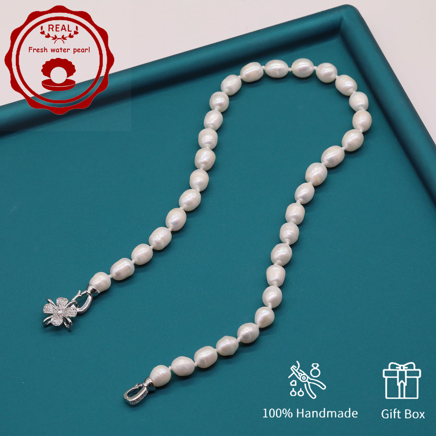 100% Handmade Natural White Freshwater Pearl Necklace Luxury 17.3Inch Long 9Mm White Natural Freshwater Pearl Necklace Comes with a Stylish Flower Clasp Gift Box, Give It to Him/Her, Suitable for Daily and  Valentine'S Day[NK-XL2501-White-02]