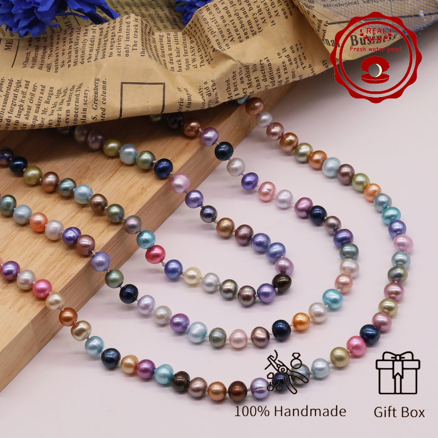 Natural Multicolor Freshwater Pearl Necklace Handmade 18.1Inch Length 7-8Mm Natural Freshwater Pearl Necklace with Flower Clasp Genuine  Freshwater Pearl Necklace Comes with Gift Box 【NK-XL2501Colour-01】