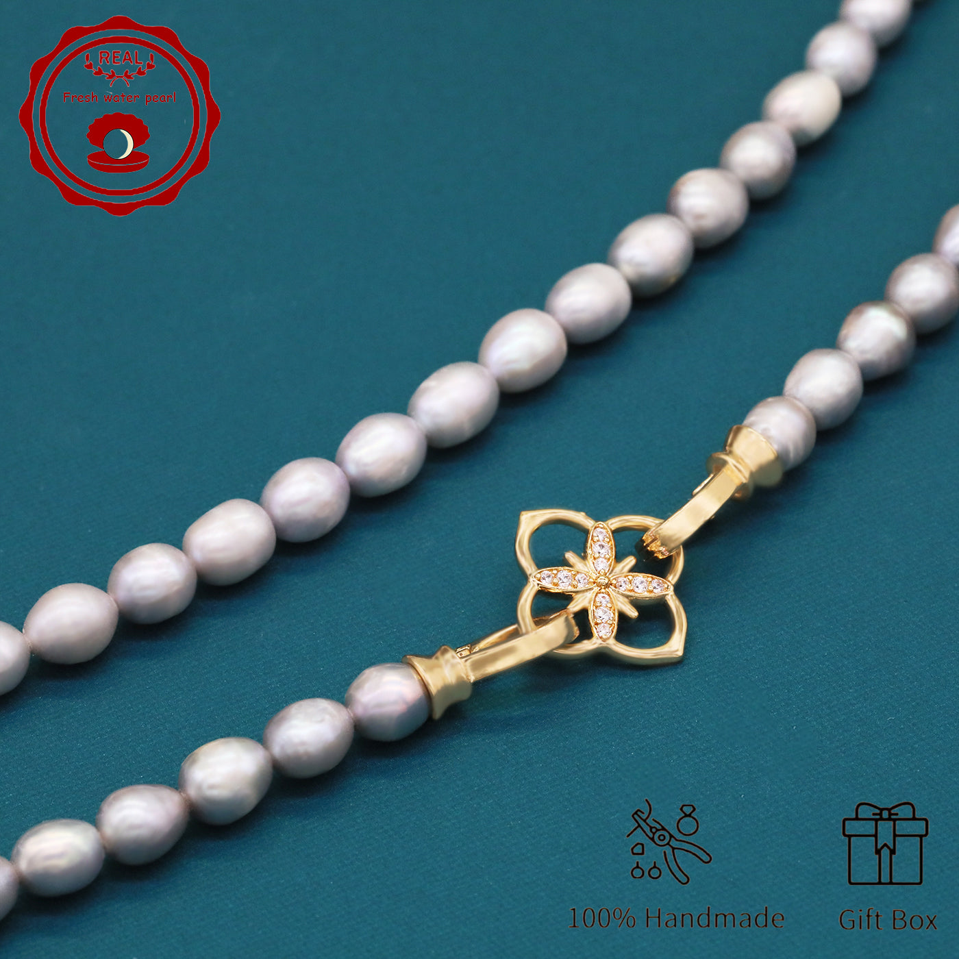 Elegant Handcrafted Gray Freshwater Pearl Necklace with Golden-Embellished Butterfly Clasp, Perfect for Daily Wear & Special Occasions, Includes Gift Box[NK-XL2501silver-02]