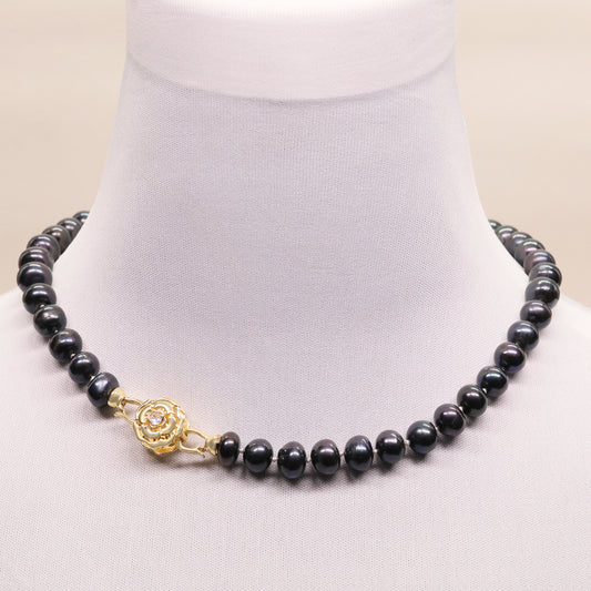 10mm Black Freshwater Pearl Necklace 100% handmade 17.7inch long Freshwater Pearl necklace with gold flower buckle, suitable for everyday, wedding parties and festive wear【XL-2502Black-01G】