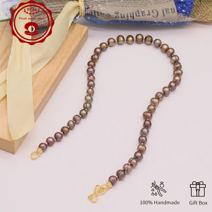 Luxury 19.5" Elegant Natural Brown Color-Freshwater Pearl Necklace, 100% Handcrafted, 10mm Pearls, with Golden Butterfly Clasp, Gift Box Included, for Daily Wear & Special Occasions, Ideal for Gifting【NK-XL2501Brown-02】