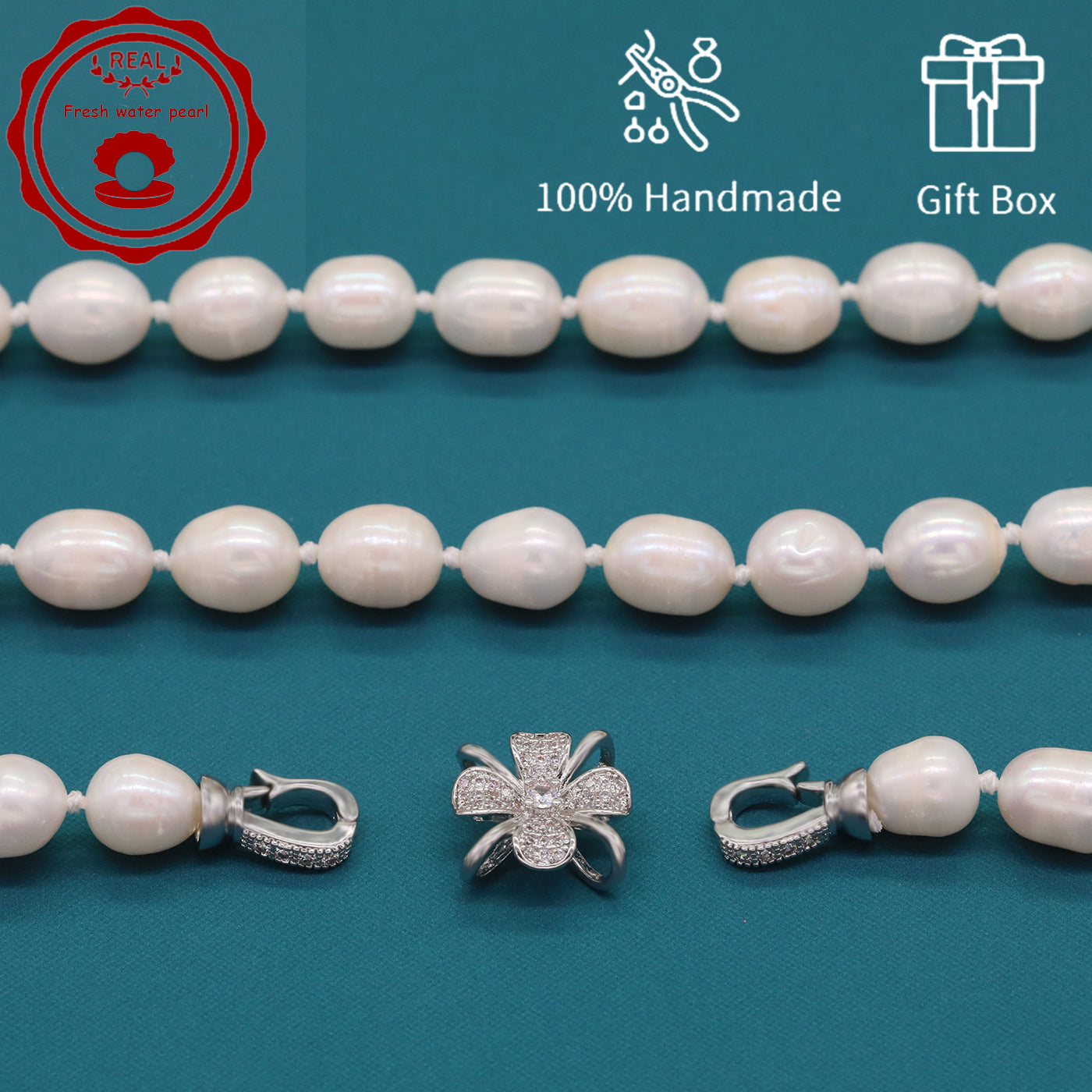 100% Handmade Natural White Freshwater Pearl Necklace Luxury 17.3Inch Long 9Mm White Natural Freshwater Pearl Necklace Comes with a Stylish Flower Clasp Gift Box, Give It to Him/Her, Suitable for Daily and  Valentine'S Day[NK-XL2501-White-02]