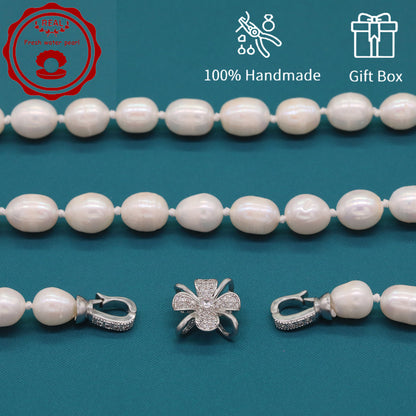 100% Handmade Natural White Freshwater Pearl Necklace Luxury 17.3Inch Long 9Mm White Natural Freshwater Pearl Necklace Comes with a Stylish Flower Clasp Gift Box, Give It to Him/Her, Suitable for Daily and  Valentine'S Day[NK-XL2501-White-02]