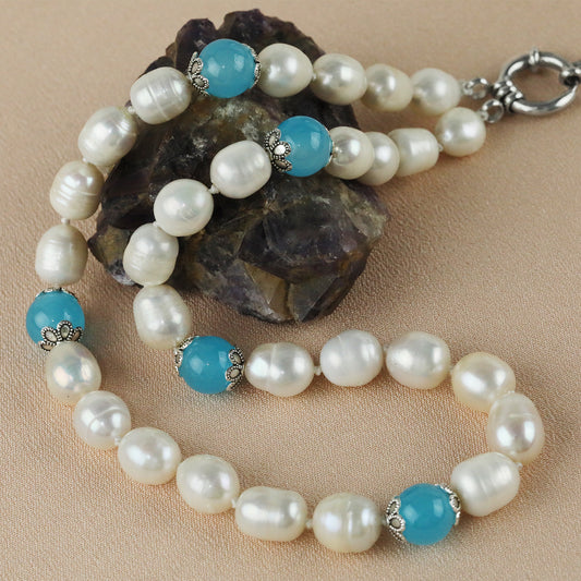 White freshwater pearl and blue stone necklace, handmade, available in multiple sizes.