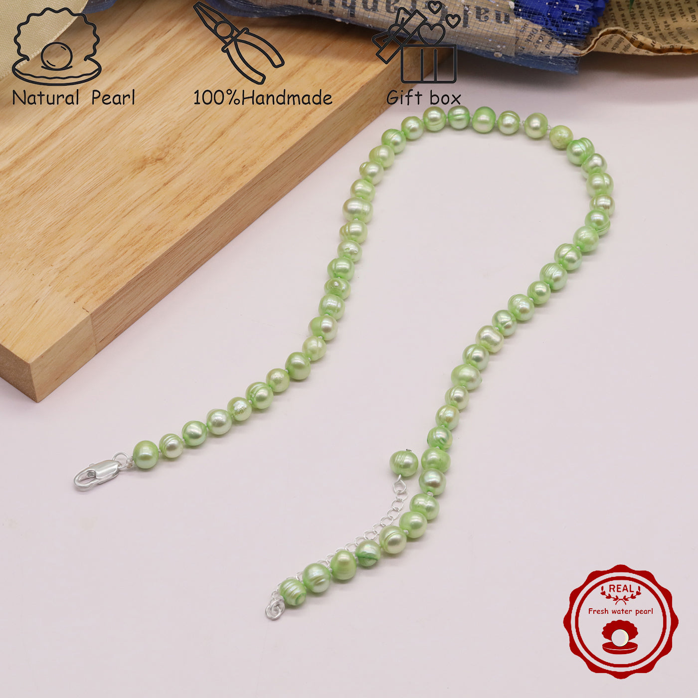 16.9Inch 8-9Mm Luxury Green Natural Freshwater Pearl Necklace, 100% Handmade, Elegant Fashion Jewelry for Him/Her, Suitable for Daily, Party, Wedding, Anniversary, Valentine'S Day, Halloween, Christmas, New Year Gift[NK-XL2501-Green-01]