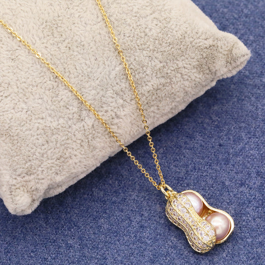 A luxury peanut Freshwater Pearl pendant necklace unique design good things happen pendant necklace, with exquisite gift box, suitable for everyday, weddings, festivals and parties to wear everything freshwater pearl pendant necklace[XL-2502Golden-04]
