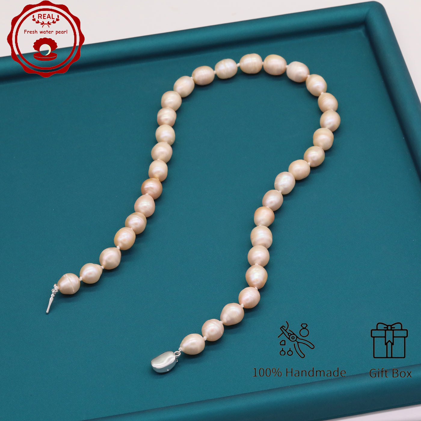 Elegant 16.5" Pink Freshwater Pearl Necklace - Handcrafted, 10mm Beads with Gift Box - Perfect for Casual Attire & Special Occasions【XL-2411PInk-001】