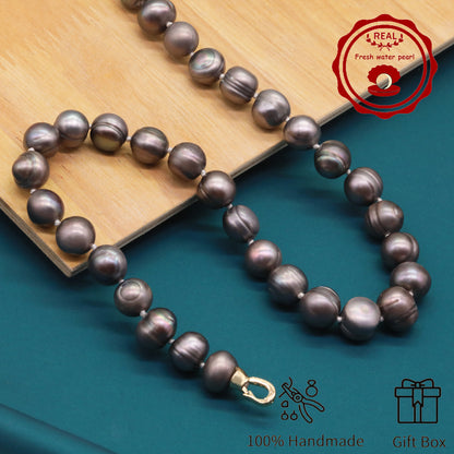 100% handmade authentic 10-11mm grey natural Freshwater Pearl necklace Elegant 17.7inch long men's and women's luxury freshwater pearl necklace with gift box, perfect for everyday and birthday parties, ideal forValentine's Day[XL-2411Sliver-002]