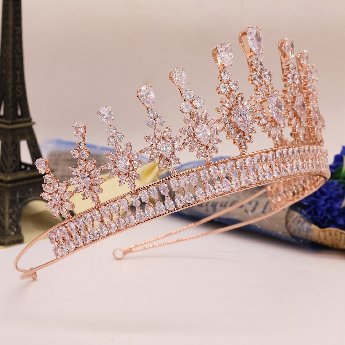 2.75inch high rose gold zircon crown sunflower shape queen zircon crown for banquets, parties and festivals