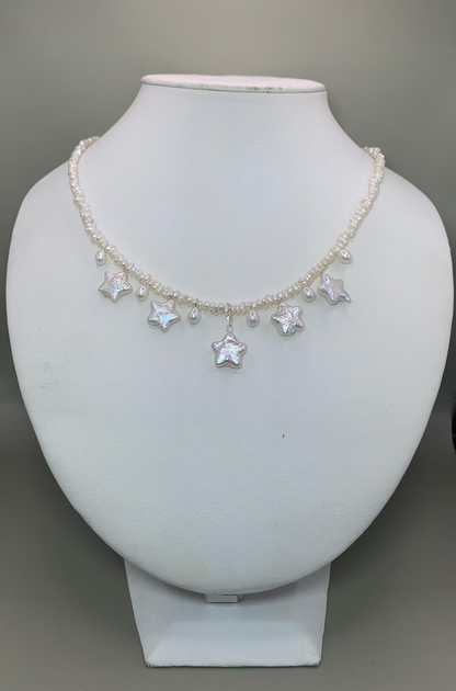 Star-themed freshwater baroque pearl necklace, designed with three different Pearl,sterling silver