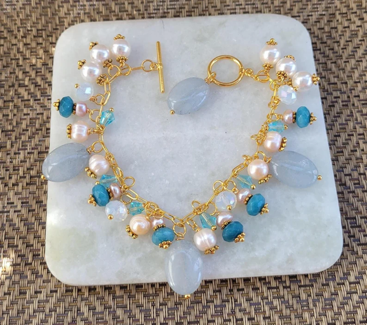 Real Natural Ocean Blue Aquamarine Gemstone Beaded Crystal Champagne Freshwater Pearl Opal Opalite Oval Cluster Gold Toggle Clasp Bracelet