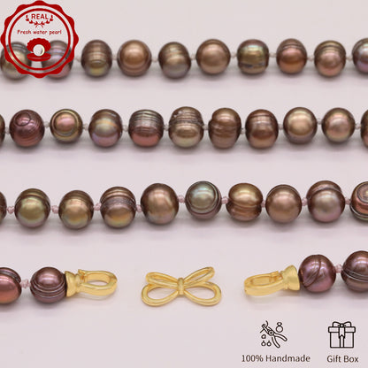Luxury 19.5" Elegant Natural Brown Color-Freshwater Pearl Necklace, 100% Handcrafted, 10mm Pearls, with Golden Butterfly Clasp, Gift Box Included, for Daily Wear & Special Occasions, Ideal for Gifting【NK-XL2501Brown-02】