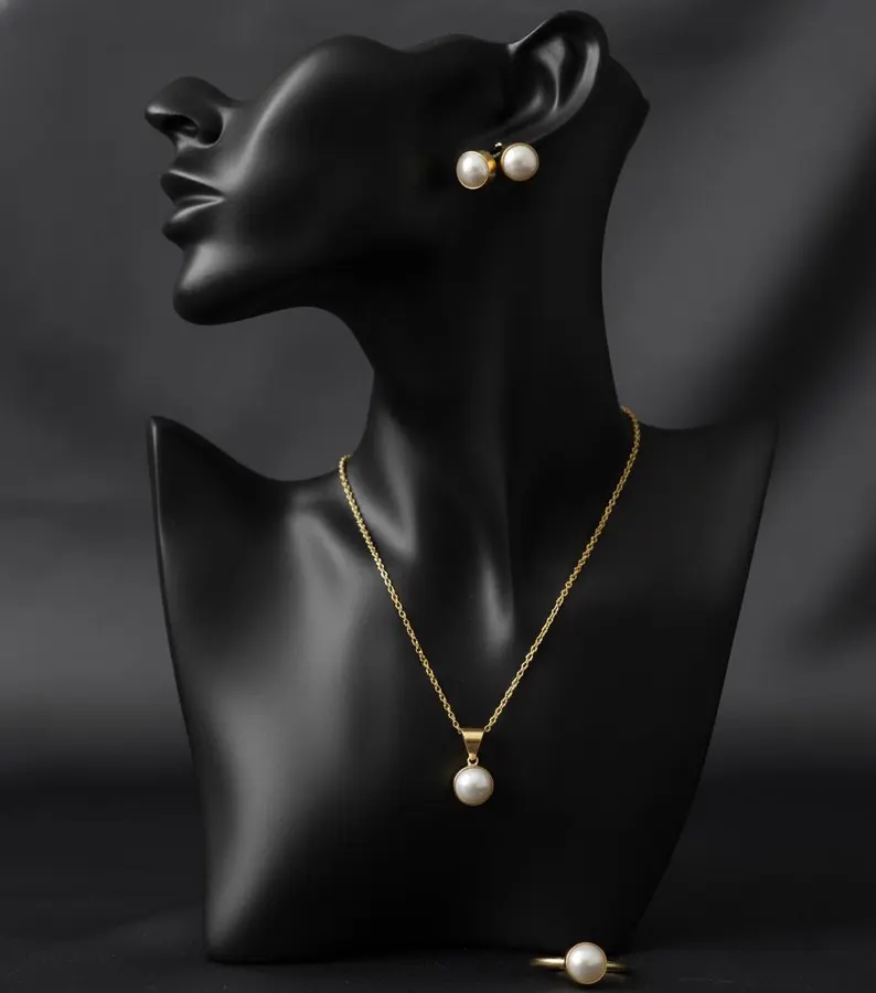 Natural Pearl Jewelry Set, Dainty Pearl Necklace Earrings Ring Set