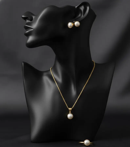 Natural Pearl Jewelry Set, Dainty Pearl Necklace Earrings Ring Set