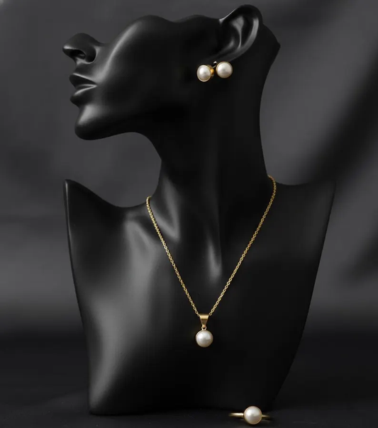 Natural Pearl Jewelry Set, Dainty Pearl Necklace Earrings Ring Set