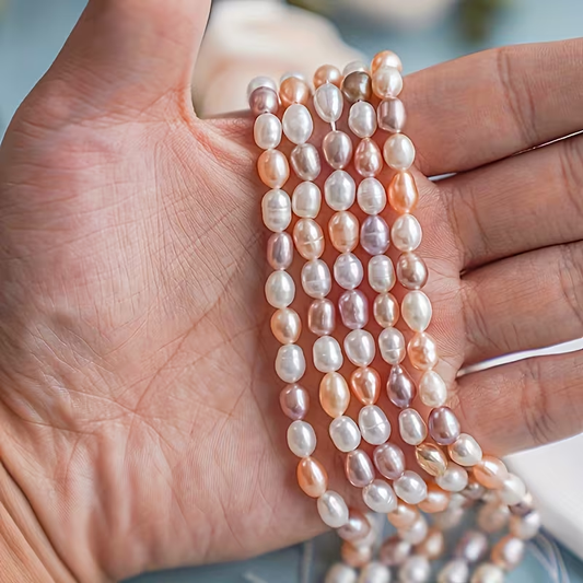 1 Strand 40cm/14.2in, Around 52pcs 6.5-7.5mm Length 5-6mm Width Mixed Colors Rice Baroque Freshwater Pearls, Full Hole, 0.8mm Hole Size, Cultured Freshwater Pearl With Wrinkled For DIY