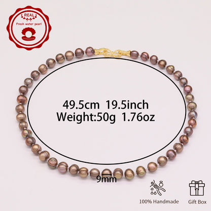 Luxury 19.5" Elegant Natural Brown Color-Freshwater Pearl Necklace, 100% Handcrafted, 10mm Pearls, with Golden Butterfly Clasp, Gift Box Included, for Daily Wear & Special Occasions, Ideal for Gifting【NK-XL2501Brown-02】