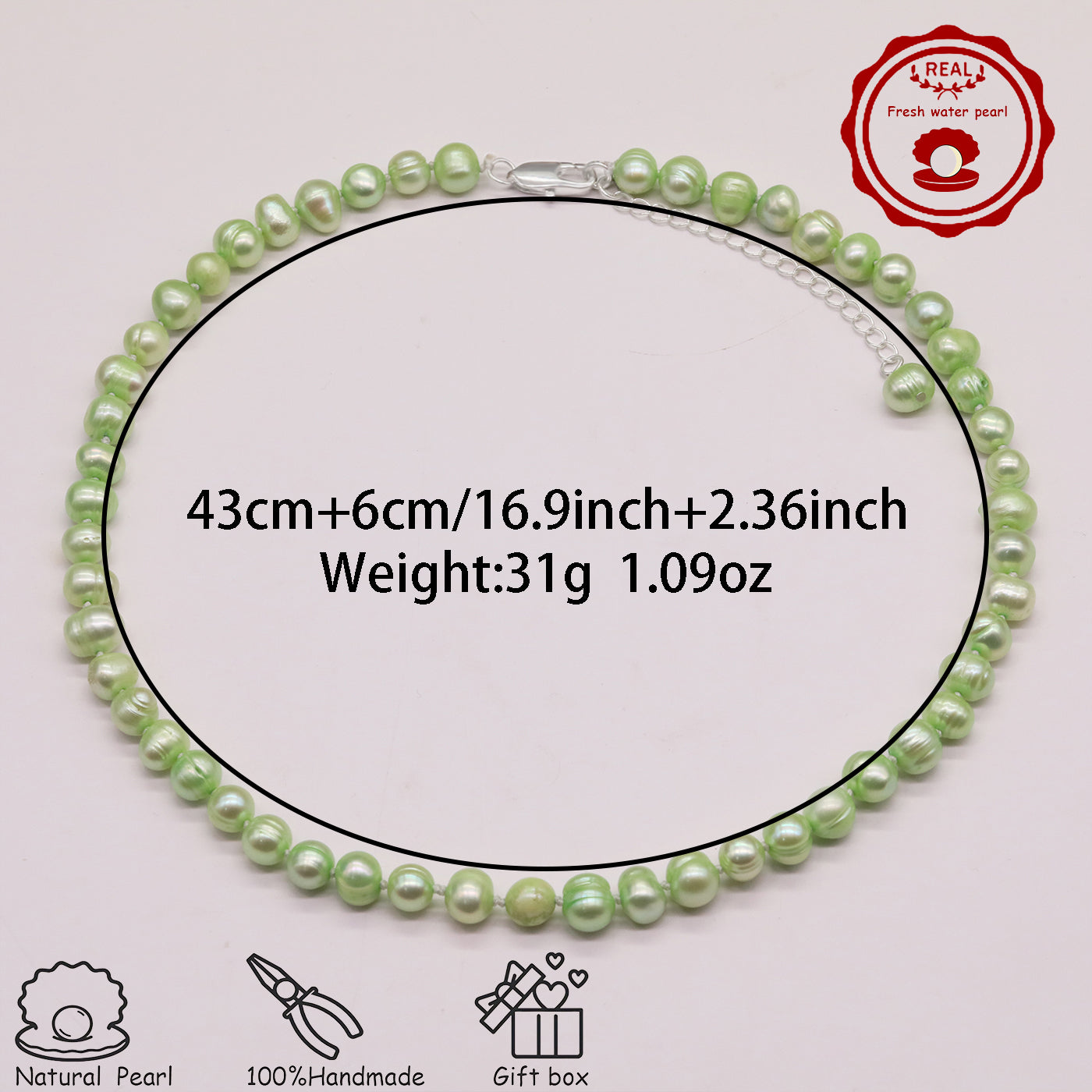 16.9Inch 8-9Mm Luxury Green Natural Freshwater Pearl Necklace, 100% Handmade, Elegant Fashion Jewelry for Him/Her, Suitable for Daily, Party, Wedding, Anniversary, Valentine'S Day, Halloween, Christmas, New Year Gift[NK-XL2501-Green-01]