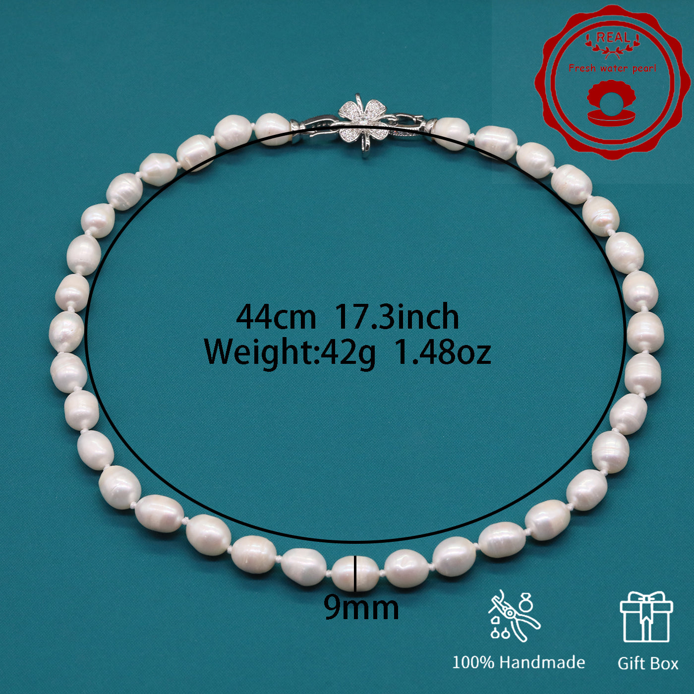 100% Handmade Natural White Freshwater Pearl Necklace Luxury 17.3Inch Long 9Mm White Natural Freshwater Pearl Necklace Comes with a Stylish Flower Clasp Gift Box, Give It to Him/Her, Suitable for Daily and  Valentine'S Day[NK-XL2501-White-02]