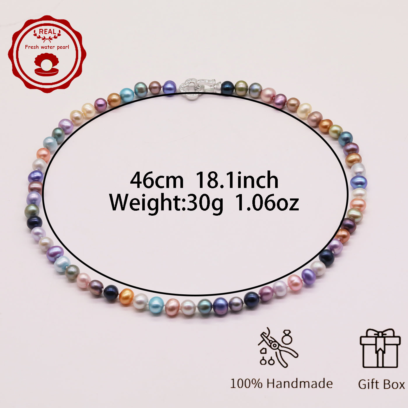 Natural Multicolor Freshwater Pearl Necklace Handmade 18.1Inch Length 7-8Mm Natural Freshwater Pearl Necklace with Flower Clasp Genuine  Freshwater Pearl Necklace Comes with Gift Box 【NK-XL2501Colour-01】