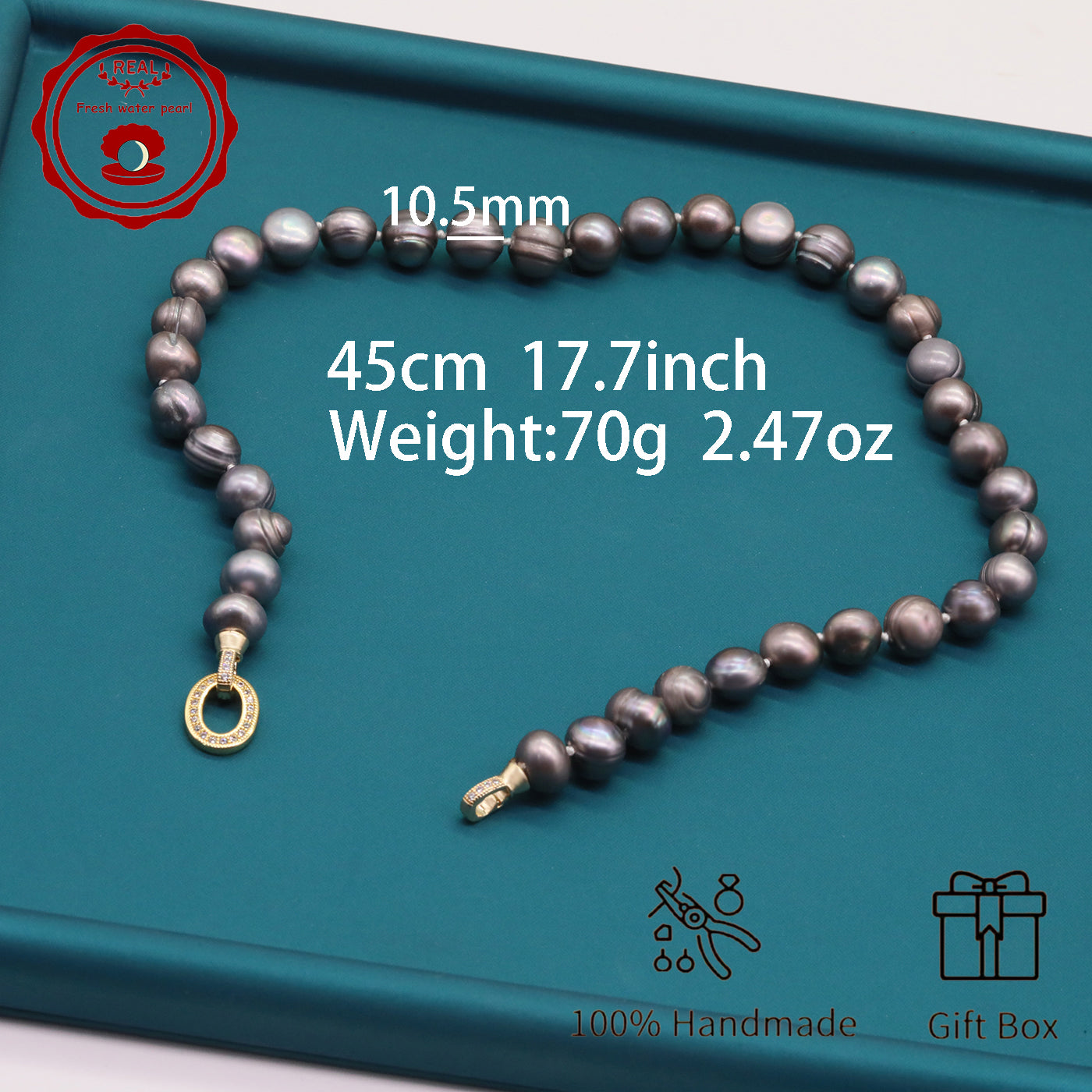 100% handmade authentic 10-11mm grey natural Freshwater Pearl necklace Elegant 17.7inch long men's and women's luxury freshwater pearl necklace with gift box, perfect for everyday and birthday parties, ideal forValentine's Day[XL-2411Sliver-002]