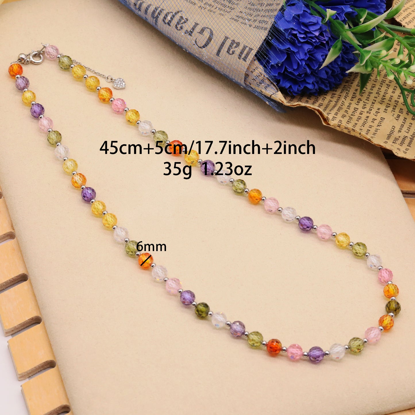 Real 6mm Multicolor Zircon Necklace 17.7inch Long Zircon Necklace, Everyday Wild Zircon Necklace