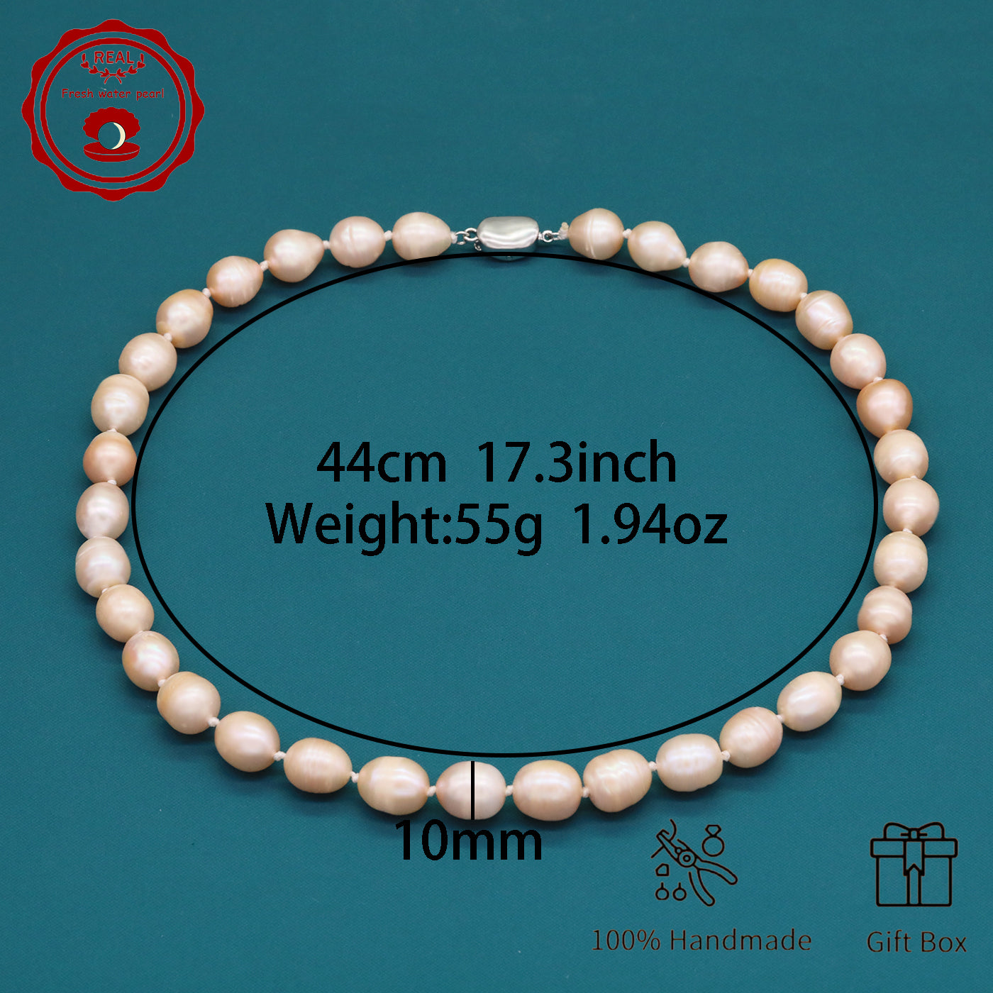 Elegant 16.5" Pink Freshwater Pearl Necklace - Handcrafted, 10mm Beads with Gift Box - Perfect for Casual Attire & Special Occasions【XL-2411PInk-001】